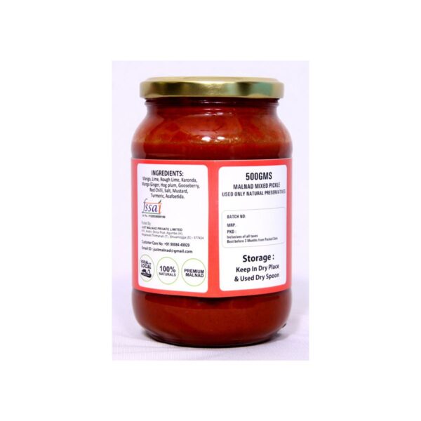 Malnad Mixed Pickle | Tender Mixed Pickle | Product from Just Malnad | 100% Pure & Natural | Glass Jar | 500gm - Image 2